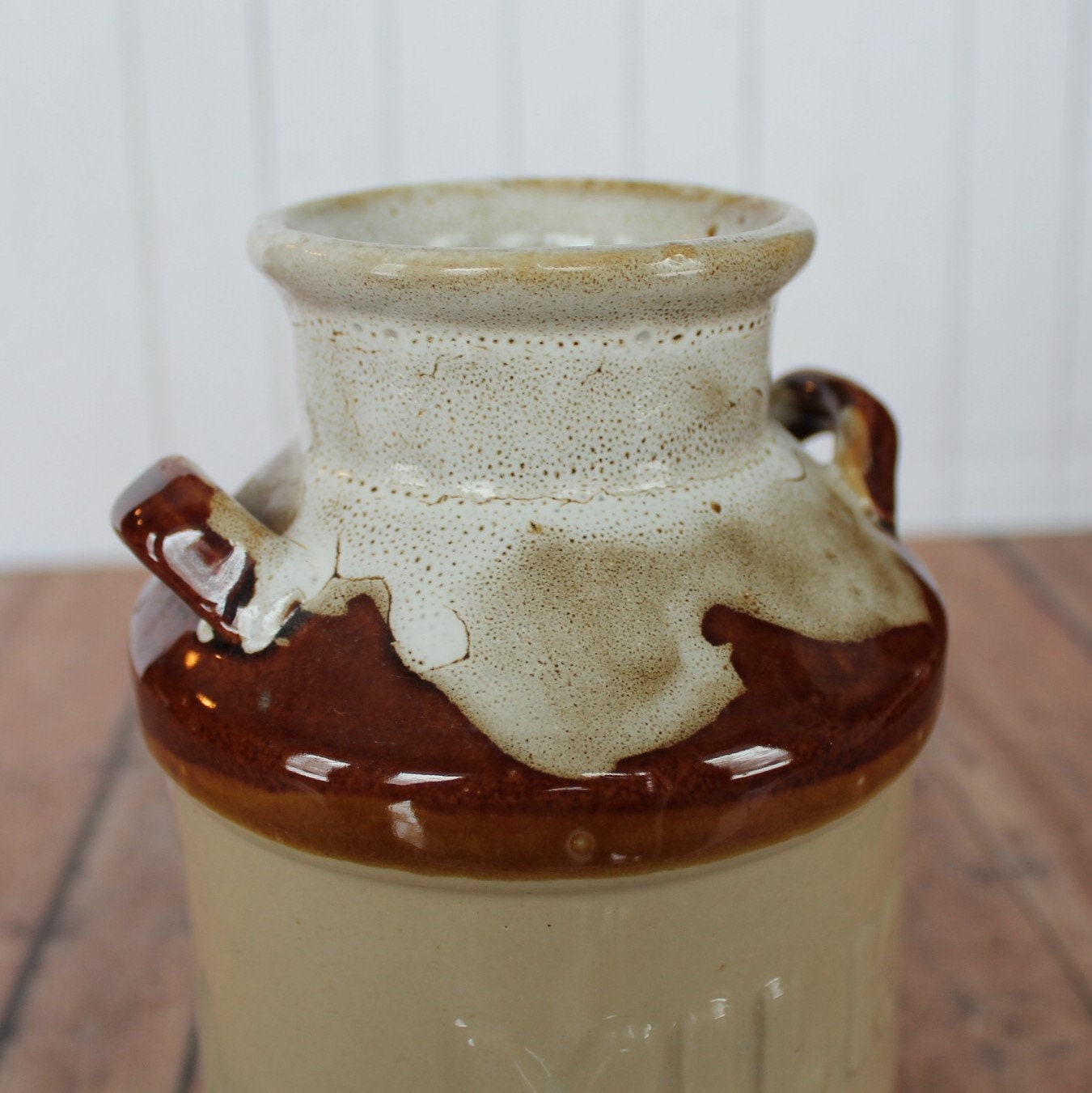 Vintage Stoneware Utensil Crock Canister Milk Jug Style Cream and Brown