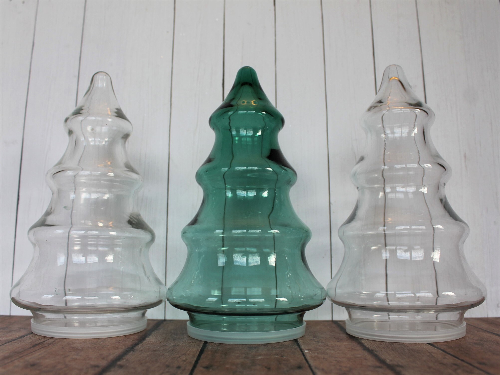Vintage Clear and Green Glass Christmas Tree Canister Jar Container