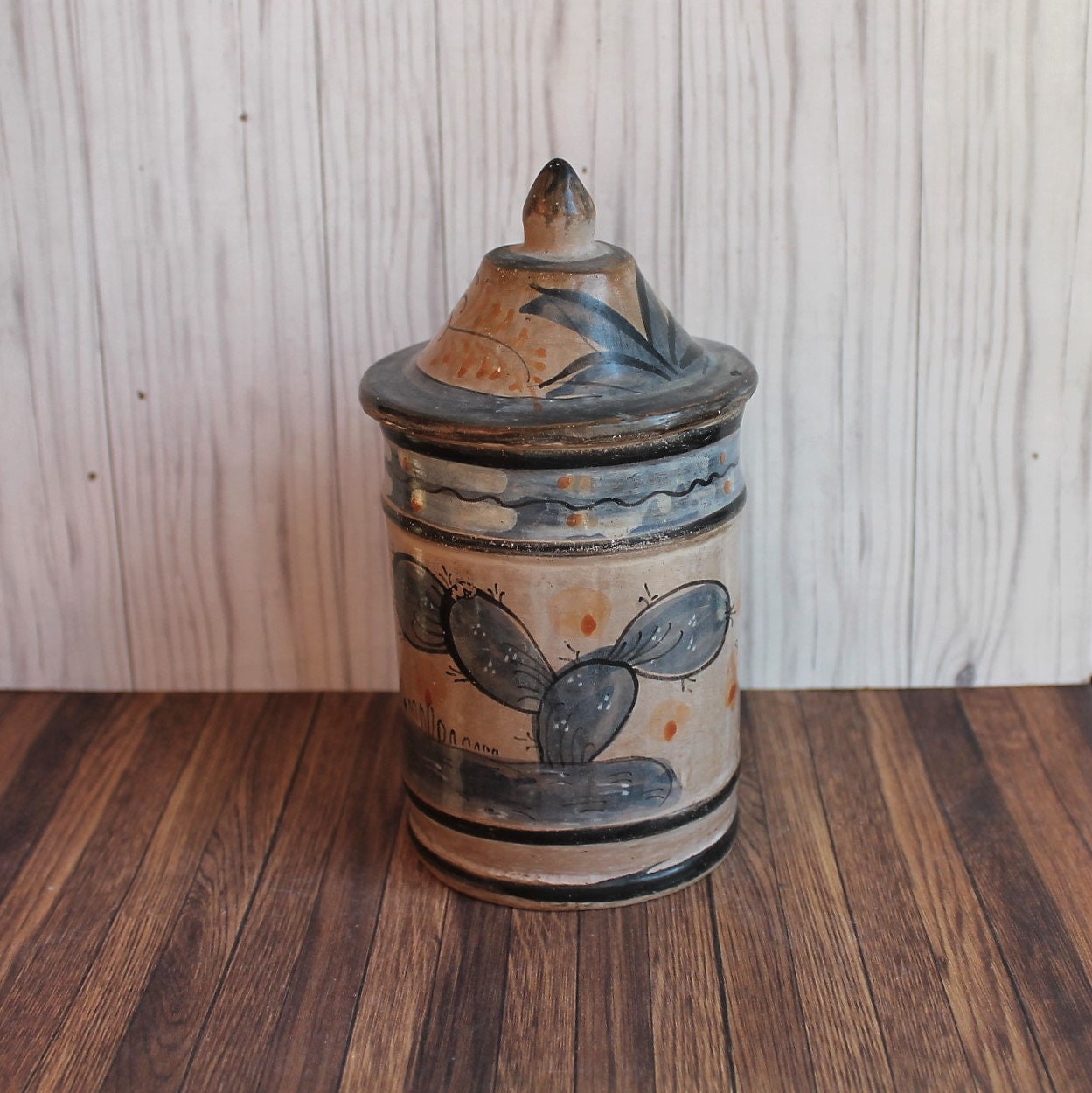 Vintage Mexican Tonala Spice Jar with Lid Small Canister Burnished