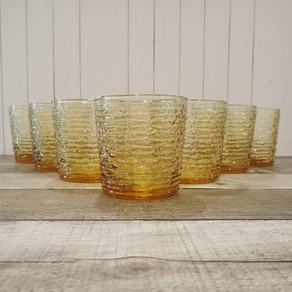 Vintage Anchor Hocking SORENO Gold 3" Old Fashioned Glass Lowball Set of 8 Textured Bark Design