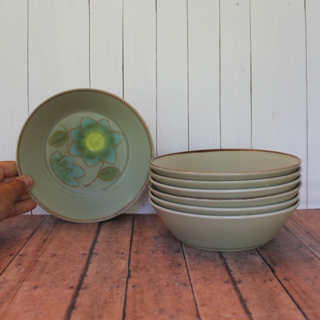 Vintage Mikasa Stonekraft JADE STONE Cereal Bowl Set of 7 Bowls Plates Green Stoneware with Blue
