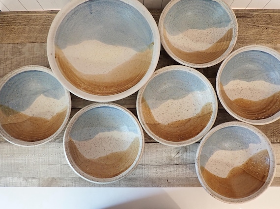 Vintage Stoneware Pottery Bowl Set of 7 Brown Blue and White with Wavy Design Signed Westby Westly