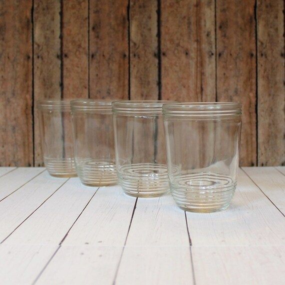 Vintage KERR Jelly Jar Juice Glasses 8 oz. Tumblers Set of 4 Clear Drinking Glass Ribbed Banded Design