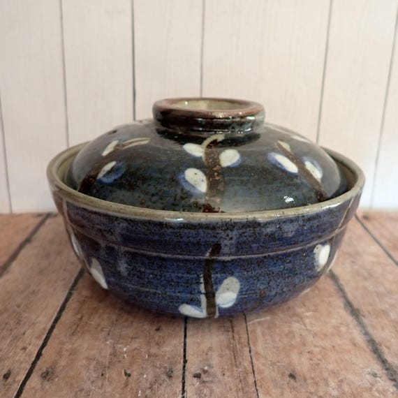 Vintage Otagiri Pussywillow Stoneware Individual Casserole Dish with Lid Blue and White Pussy Willow Branch Design
