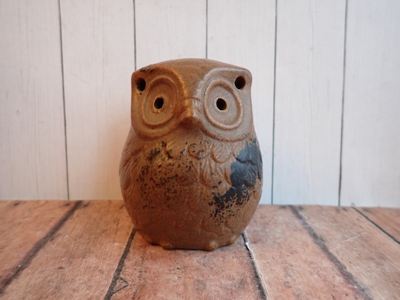 Vintage Stoneware Owl Tealight Candle Holder Luminary Lantern Brown Ceramic Small Owl Figurine Candleholder Mid Century Modern