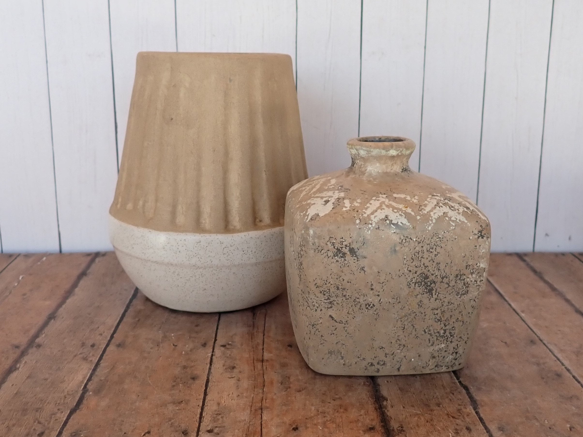 Vintage Tan and White Pottery Vase Set of 2 Rustic Boho Style Vases