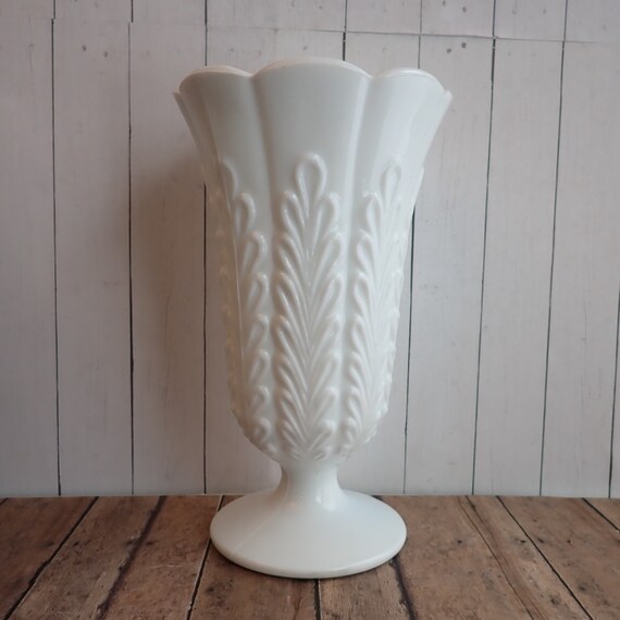 Vintage EO Brody White Milk Glass Vase with Leaf Design M5200