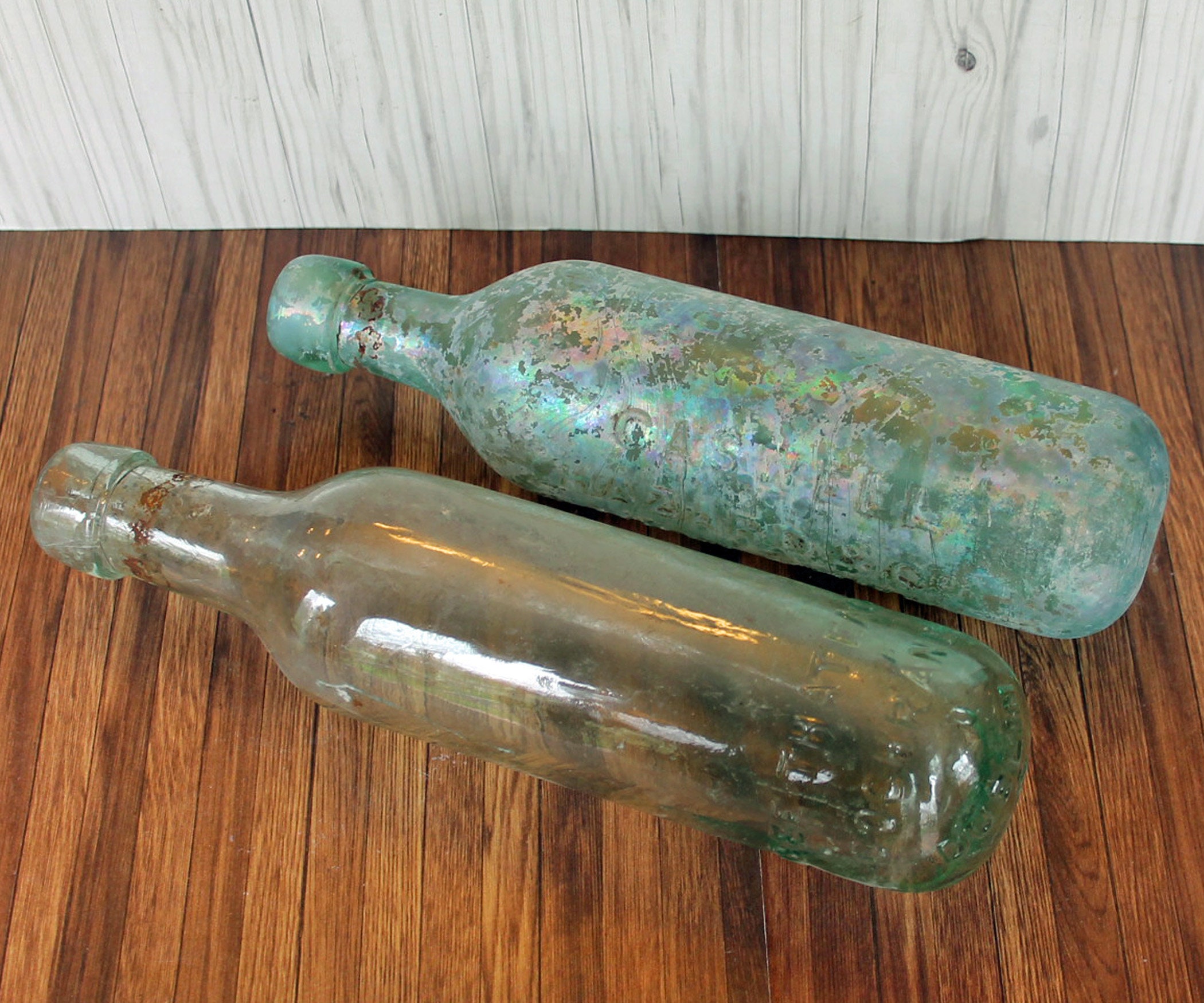 Antique Round Bottom Glass Soda Ginger Ale Bottles Set of 2 Torpedo
