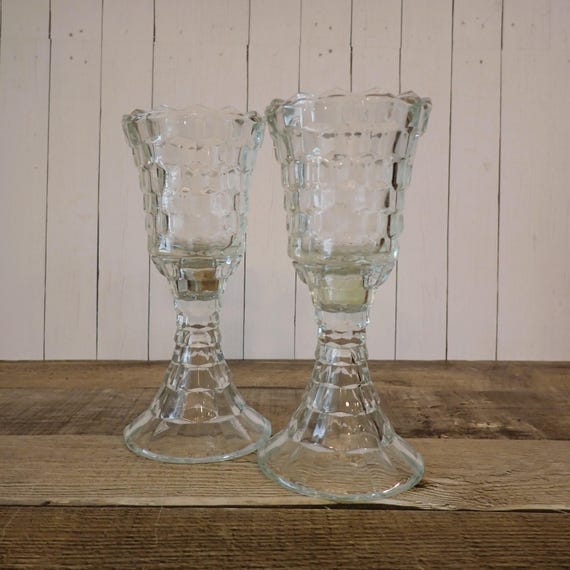 Vintage Indiana Glass Colony Whitehall Clear Glass Candlesticks with Votive Holders Set of 2 Candle Stick Holders