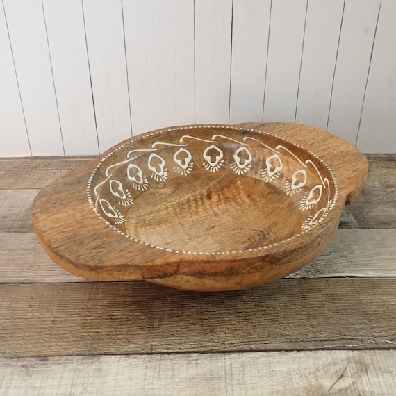 Mango Wood Serving Bowl with Handles Brown with White Geometric Design Boho Style Chrissy Teigen Gibson Designs