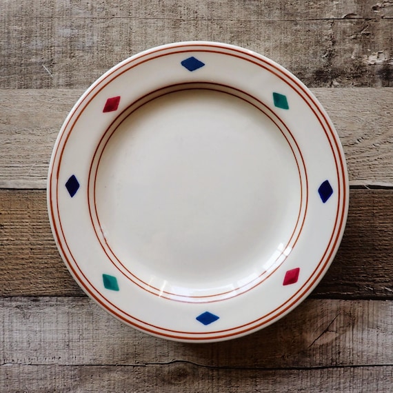 Vintage HARTSTONE Pottery Cheyenne Salad Plate Set of 4 White Stoneware with Southwest Diamond Design