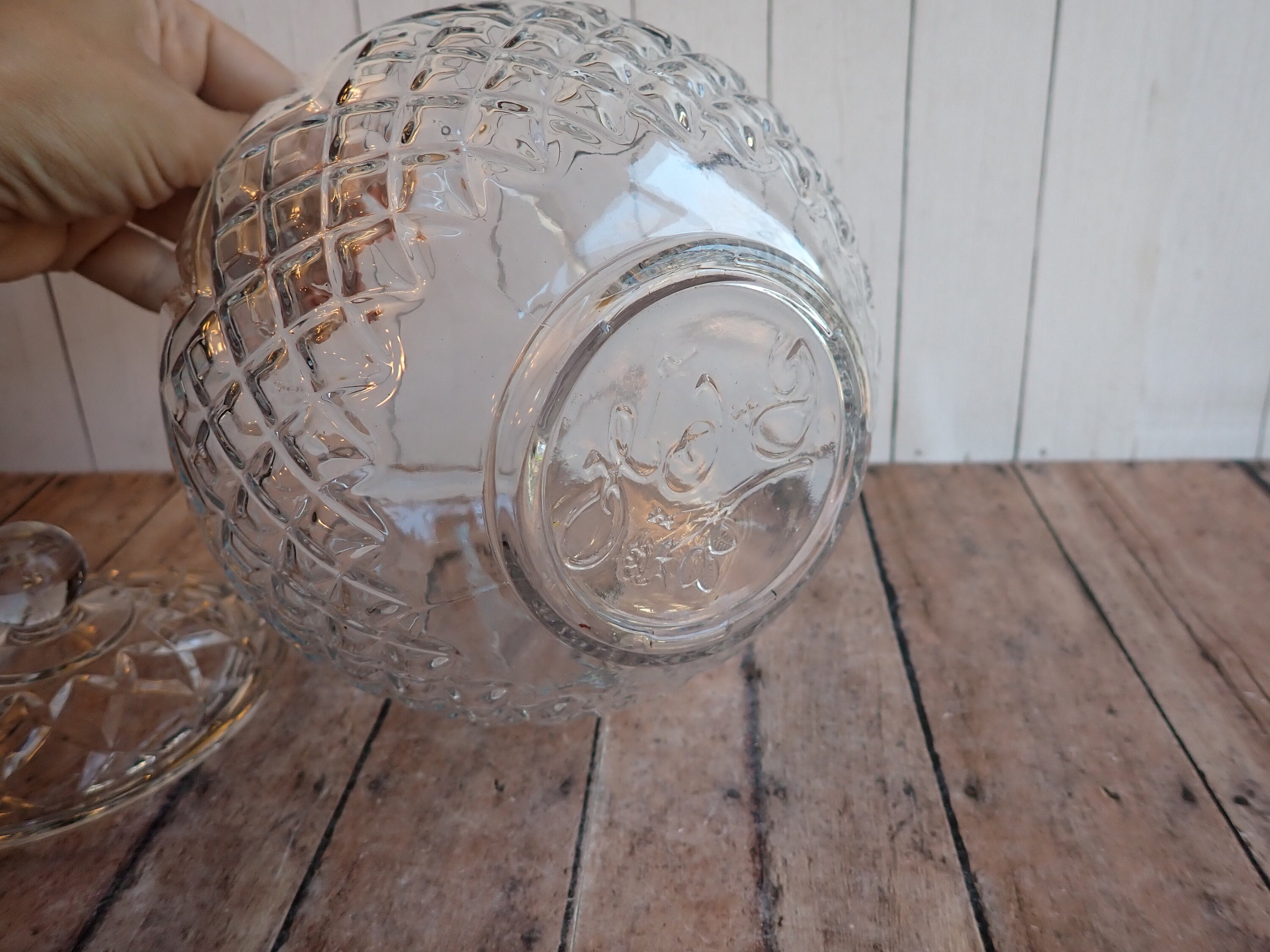 Vintage large glass pumpkin bowl candy dish with lid clear glass cookie