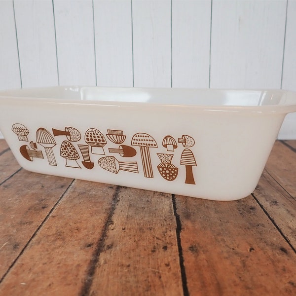 Vintage Glasbake White Milk Glass Loaf Pan with Brown Mushroom Design 522