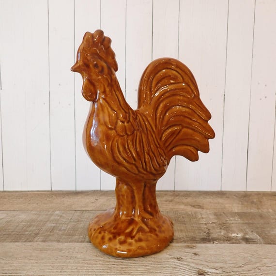 Vintage ROWE Pottery Works Gold Orange Stoneware Rooster Figurine Figure Cambridge WI