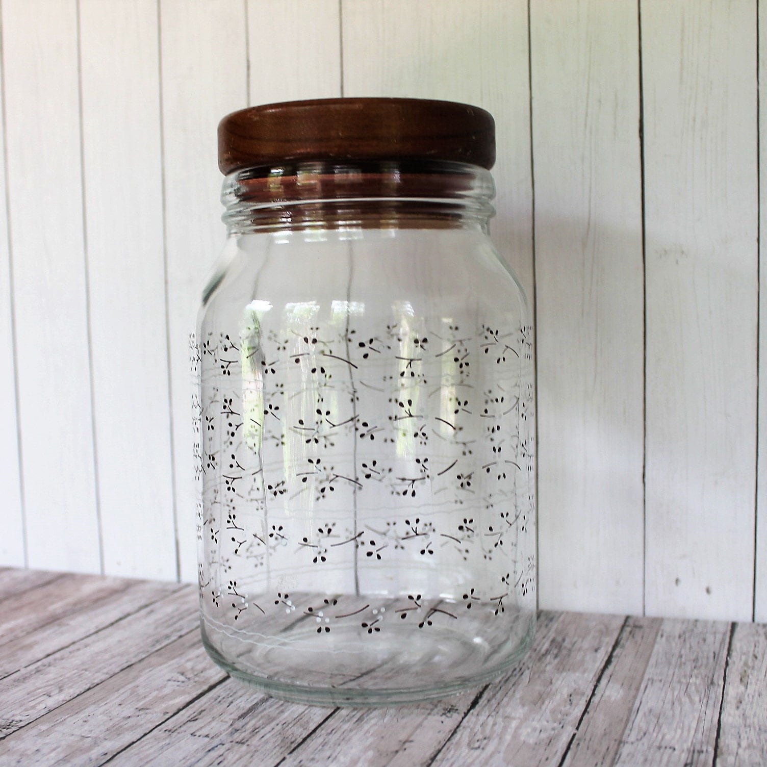 Vintage Anchor Hocking Glass Canister Jar with Wooden Lid Clear Glass