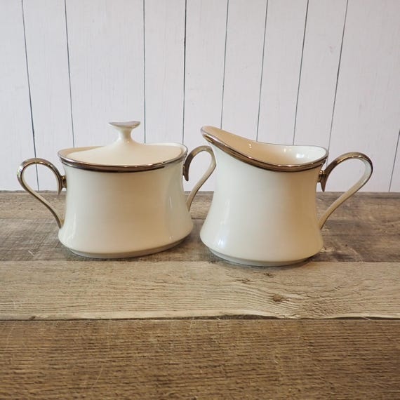 Vintage Lenox SOLITAIRE Sugar Bowl and Creamer Set of 2 White with Silver Band