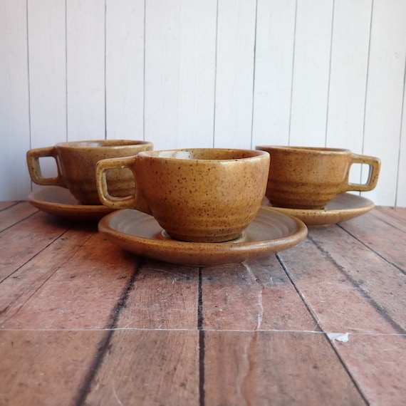 Vintage Western Stoneware Mojave Brown Cup and Saucer Set of 3 Golden Tan Brown with Ribbed Design