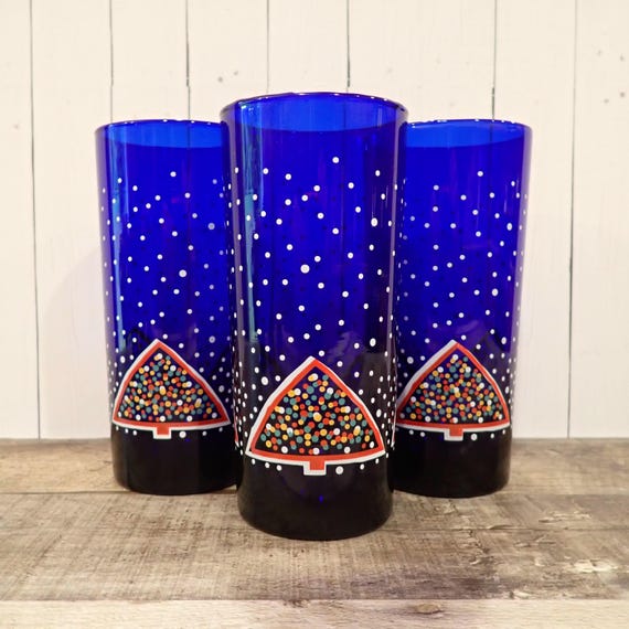Vintage Dansk WINTERFEST Blue Glass Highball Tumbler Set of 3 Modern Christmas Tree Snow Design Christmas Dinnerware