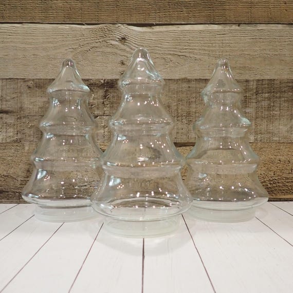 Vintage Clear Glass Christmas Tree Canister Set of 3 Containers with Seal Bottom Lids Candy Jar Pine Tree