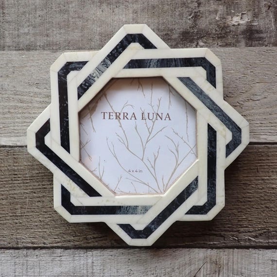 Vintage Wood and Tile Black Gray White Picture Photo Frame 4x4 Octagon Geometric Inlay Design Made in India Boho 4" x 4"