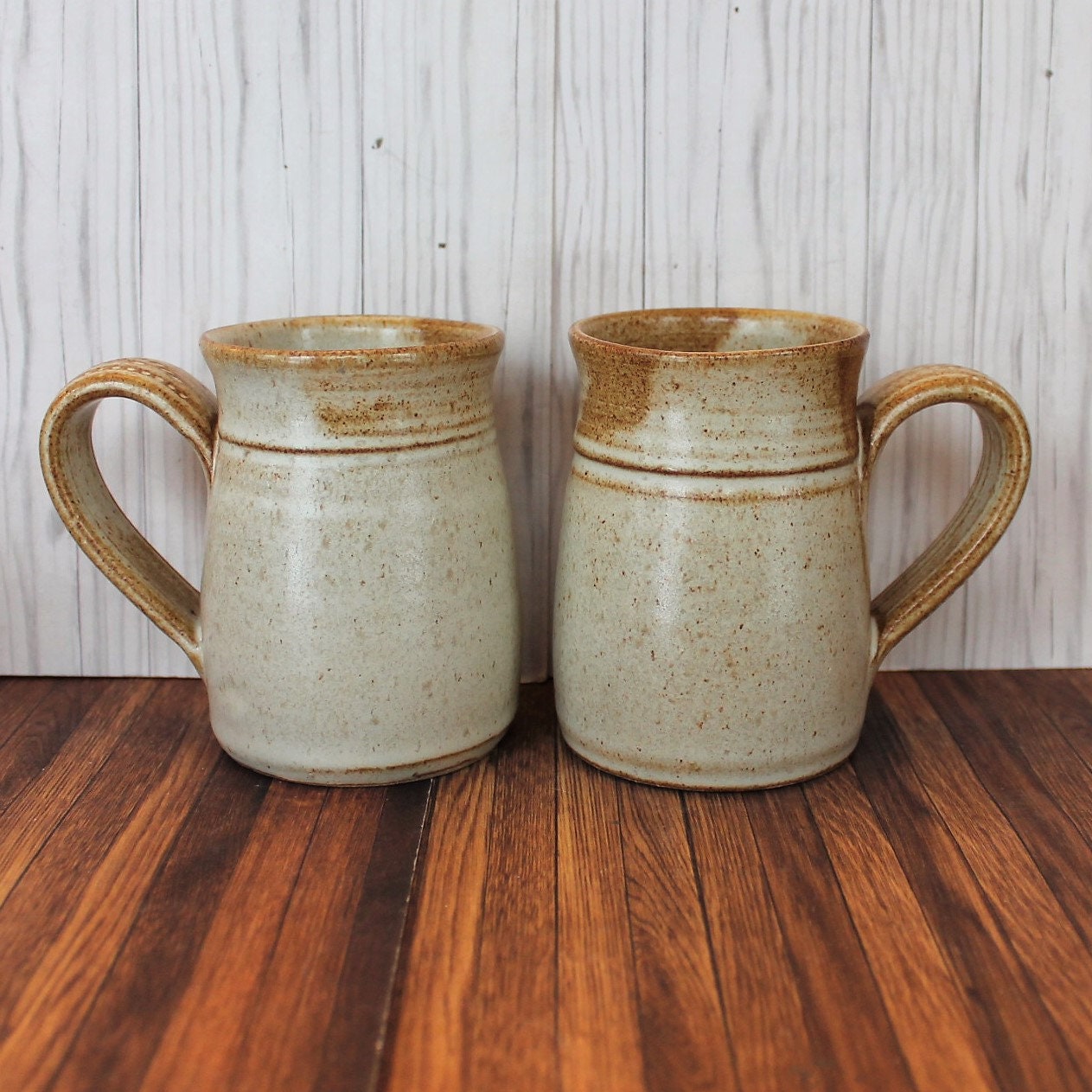 Vintage Stoneware Pottery Mug Coffee Cup Set of 2 Handmade Cream Beige