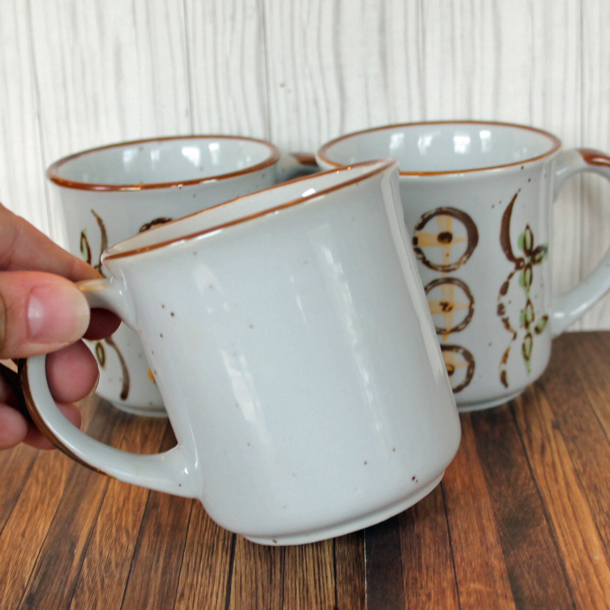 RESERVED For Z. Vintage Korean Stoneware Mug Set of 3 with Brown Green Yellow Abstract Flower
