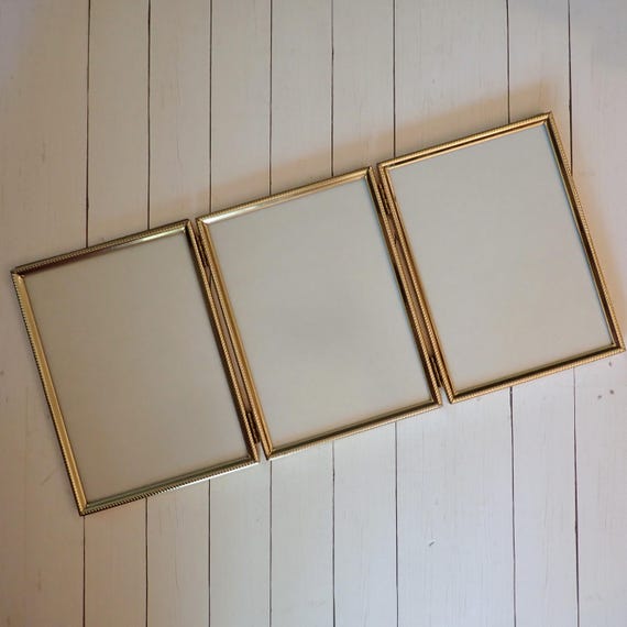 Vintage Brass Gold Metal Triple Hinged 5x7 Three Part Photo Picture Frame Tri-Fold 5" x 7" Size