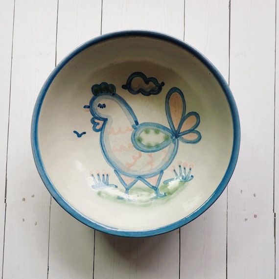 Vintage Mary MA Hadley COUNTRY SCENE Blue Coupe Soup Bowls with Chicken Design