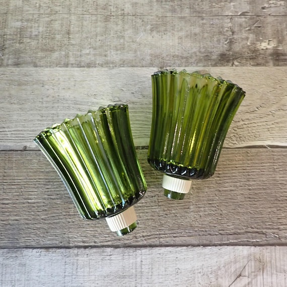 Vintage Green Glass Votive Cup Set of 2 with Ribbed Pattern