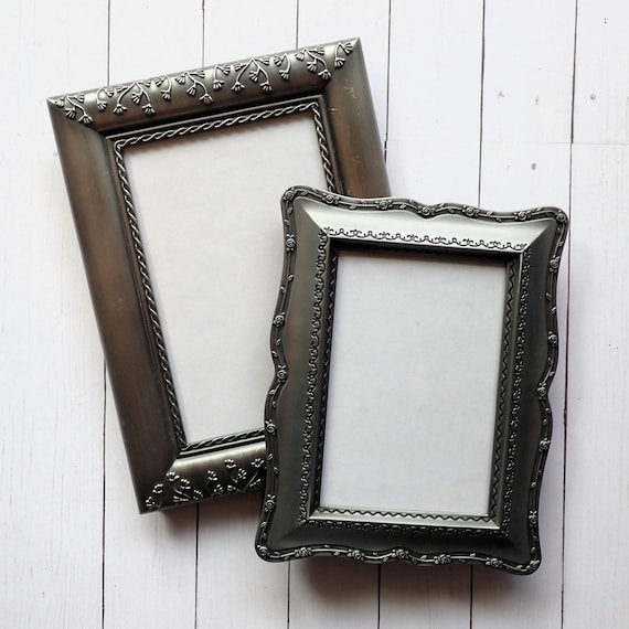 Vintage Silver Metal 3x5 and 4x6 Picture Photo Frame Set of 2 with Flower and Leaf Design