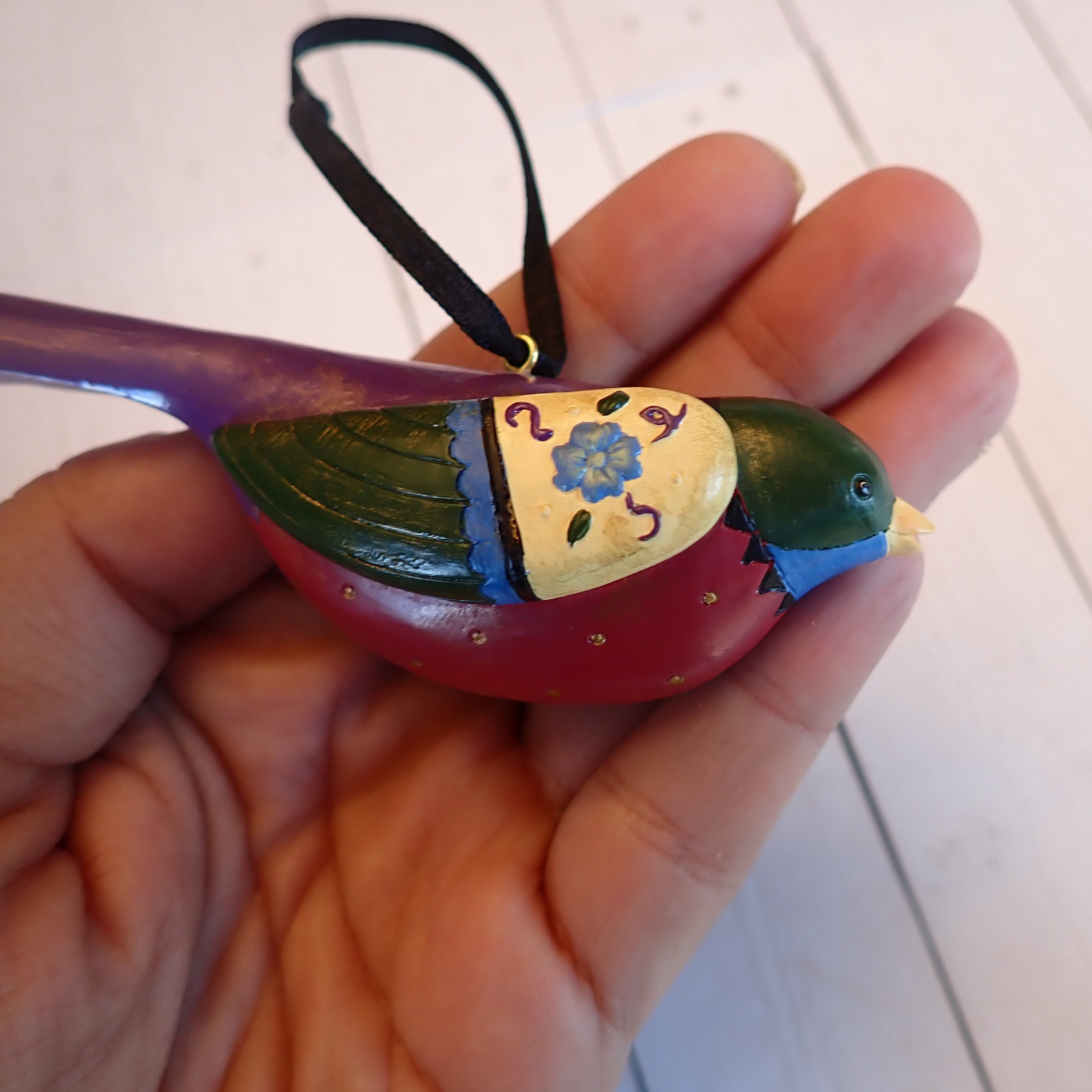 Vintage Bird Ornament Carved Wood Look Folk Art Red Purple Yellow TPHC