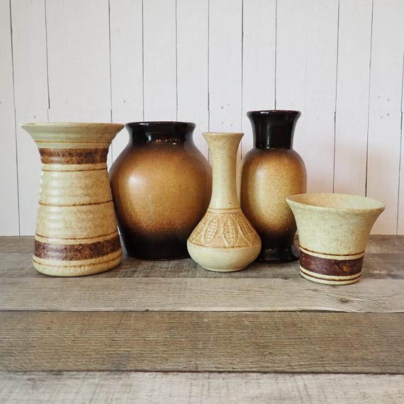 Vintage Pottery Craft USA Stoneware Vase Set of 5 Cream Yellow Tan Brown Design PotteryCraft USA Mid Century
