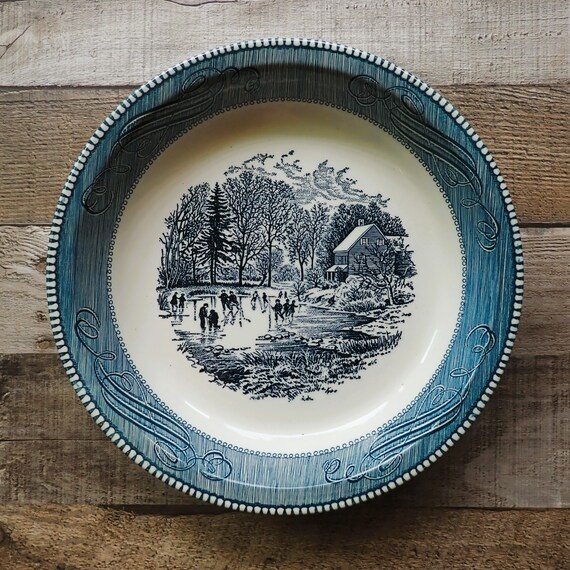 Vintage Royal China Currier and Ives 10" Pie Plate White with Blue Design Early Winter Pattern with Ice Skaters