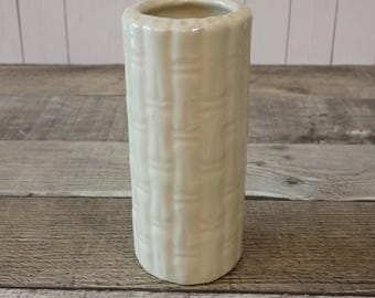 Vintage Small Ceramic Bamboo Pattern Vase Cream Color with Faux Bamboo Wood Texture Marked USA