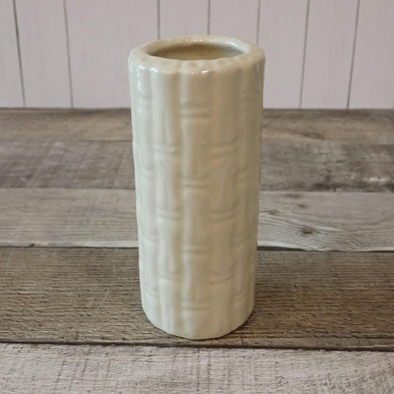 Vintage Small Ceramic Bamboo Pattern Vase Cream Color with Faux Bamboo Wood Texture Marked USA