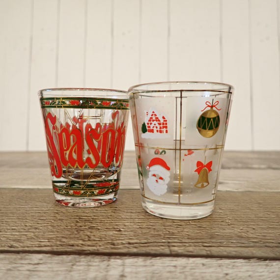 Vintage Culver Potpourri and Seaseons Greetings Shot Glass Set of 2 Whiskey Jigger Stained Glass Look Christmas Festive Poinsettia and Holly