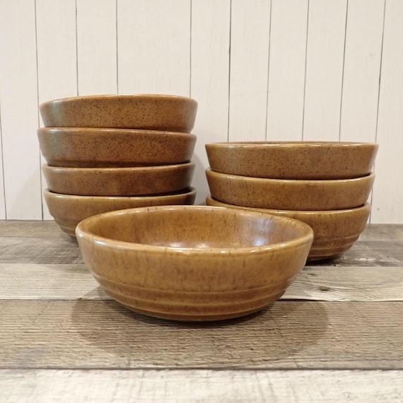 Vintage Western Stoneware Mojave Brown Cereal Bowl Set of 8 Golden Tan Brown with Ribbed Design