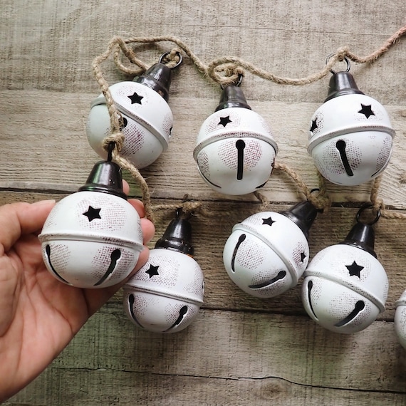 Vintage Twine and Sleigh Bell Garland White and Black Bells
