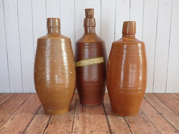 Vintage Stoneware Wine Bottle Set of 3 Brown Ceramic Rustic Bottle Aerosa Made in Portgual Boho Farmhouse Vase Set