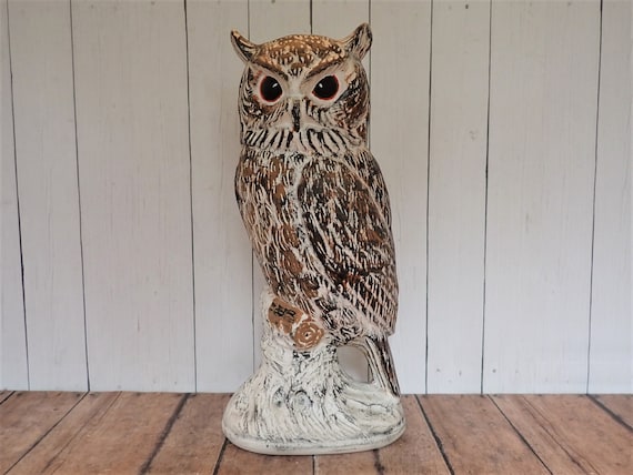Vintage Ceramic Owl Figurine White and Brown Rustic Statue Owl on Branch