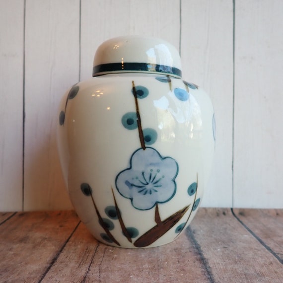 Vintage Ceramic Ginger Jar with Lid White with Blue and Brown Cherry Blossom and Branch Willow Flower Floral Design Vase Otagiri Style