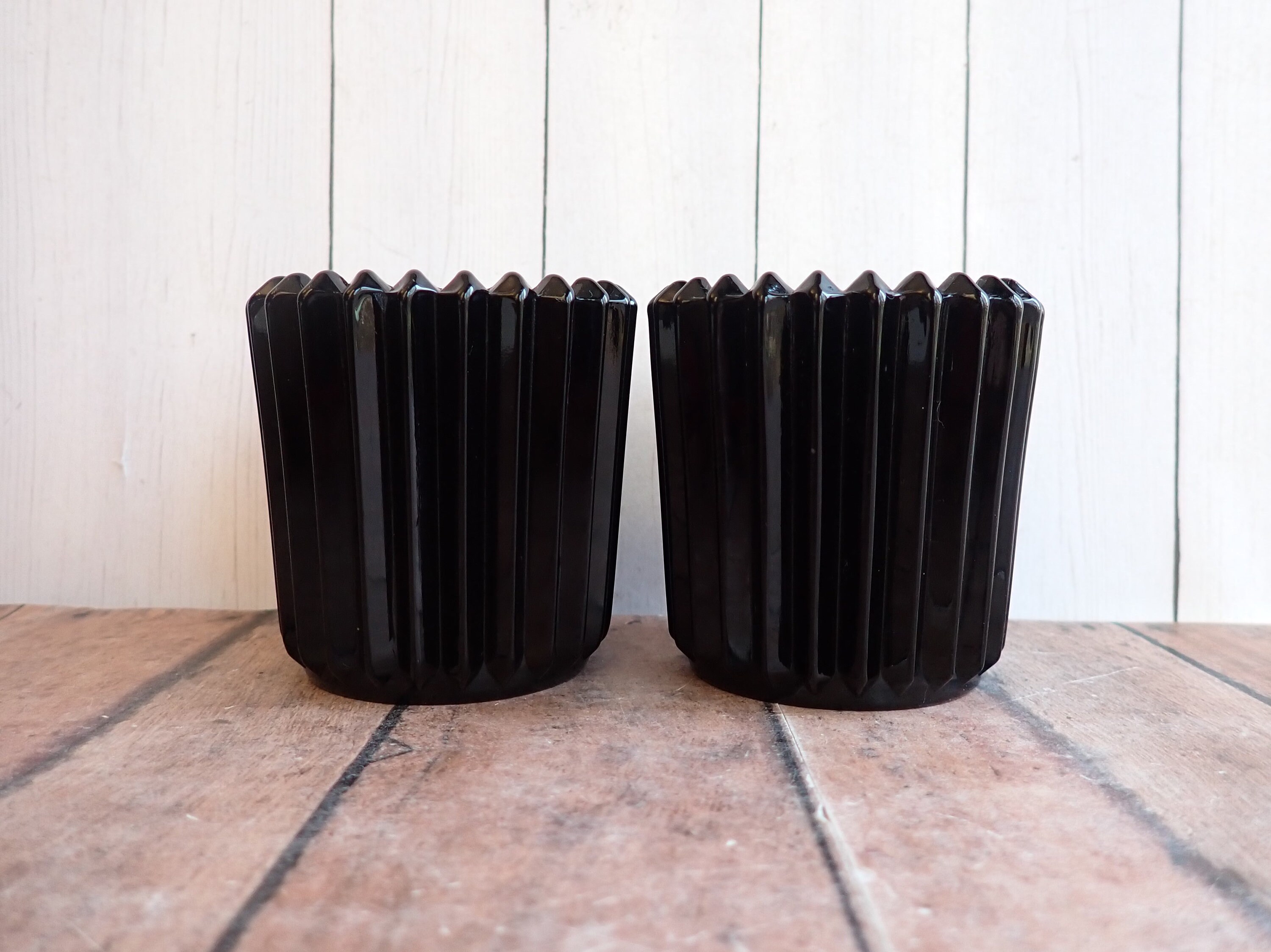 Vintage Black Glass Votive or Tealight Candle Holder Set of 2 Vertical Ribbed
