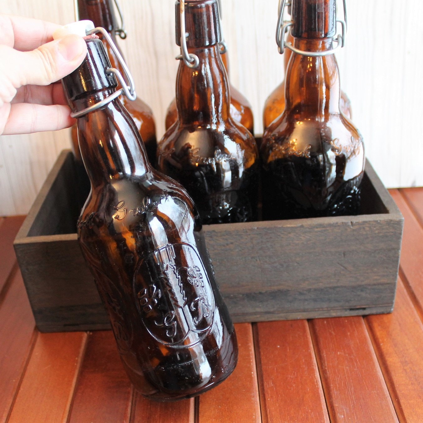 Vintage Grolsch Beer Bottle Set of 6 with Wooden Crate Amber Brown