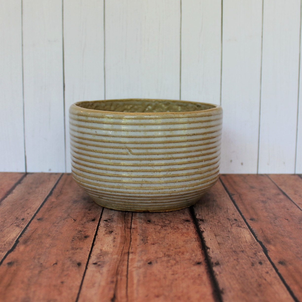 Vintage Zanesville Stoneware Planter Stoneage Modern Cream Tan Yellow Ribbed Flowerpot 7005