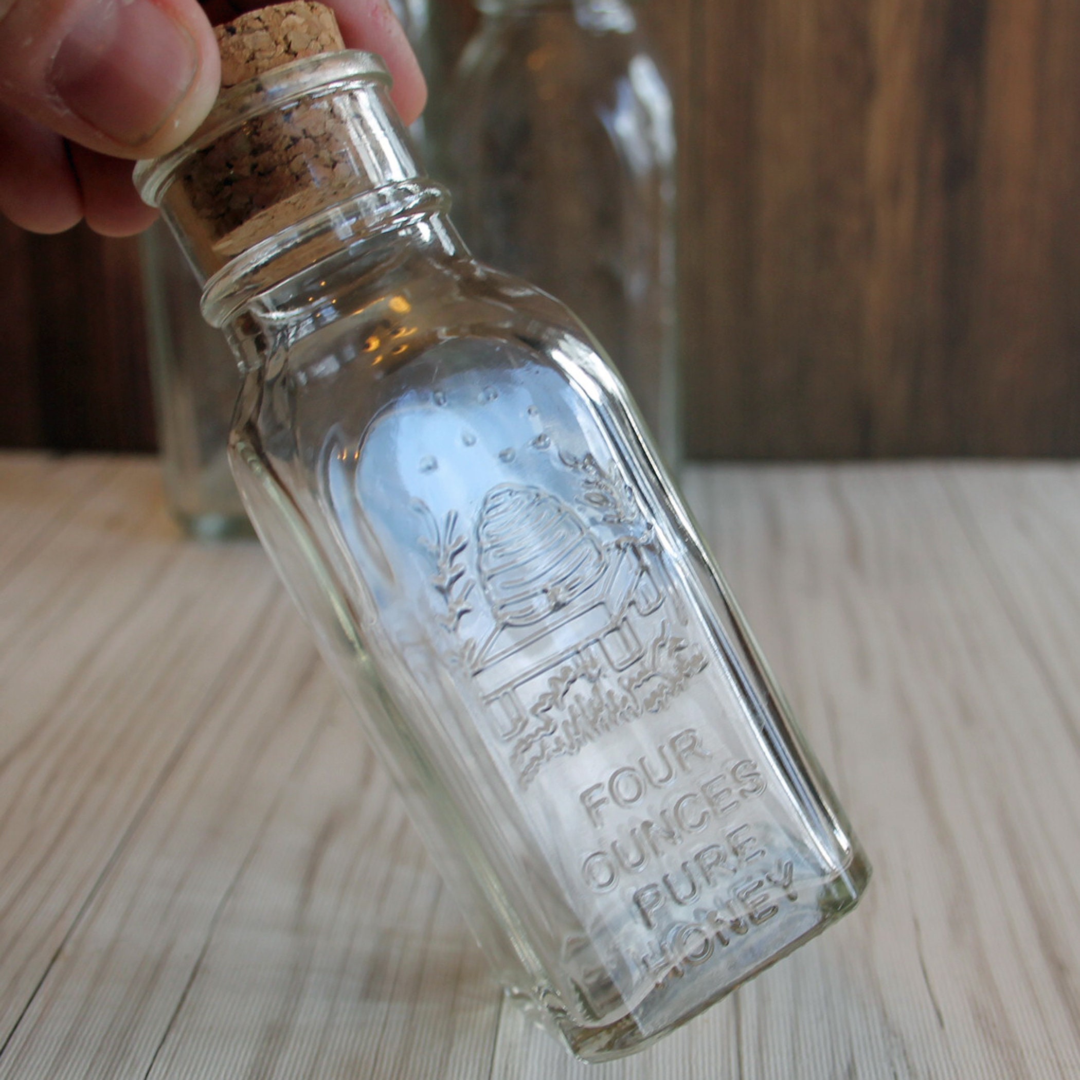 Vintage Glass Honey Bottles Jar with Cork Stopper Set of 3 Sizes Honey Acres 1 Pound 8 Ounces 4