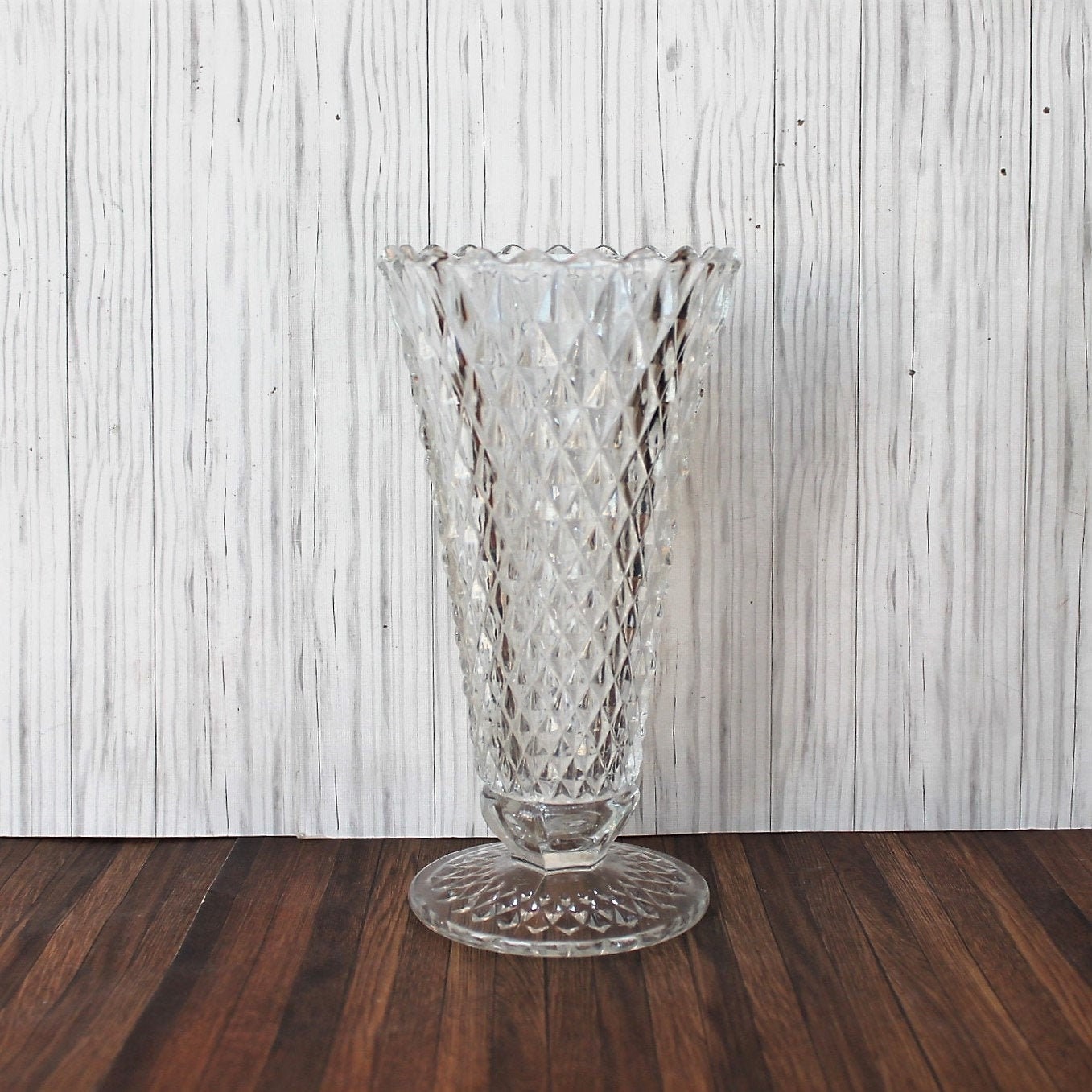 Vintage Indiana Glass Diamond Point Clear Glass Vase Diamondpoint