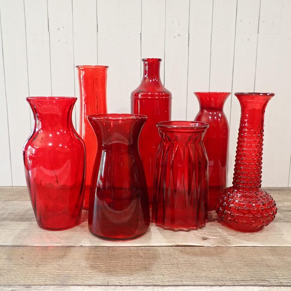 Vintage Red Glass Vase Set of 7 All Different Pattern Wedding Vases Mismatched Mix and Match Vases