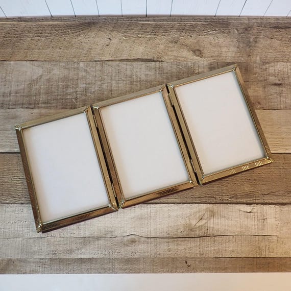 Vintage Brass Gold Metal Triple Hinged 5x7 Three Part Photo Picture Frame Tri-Fold 5" x 7" Size
