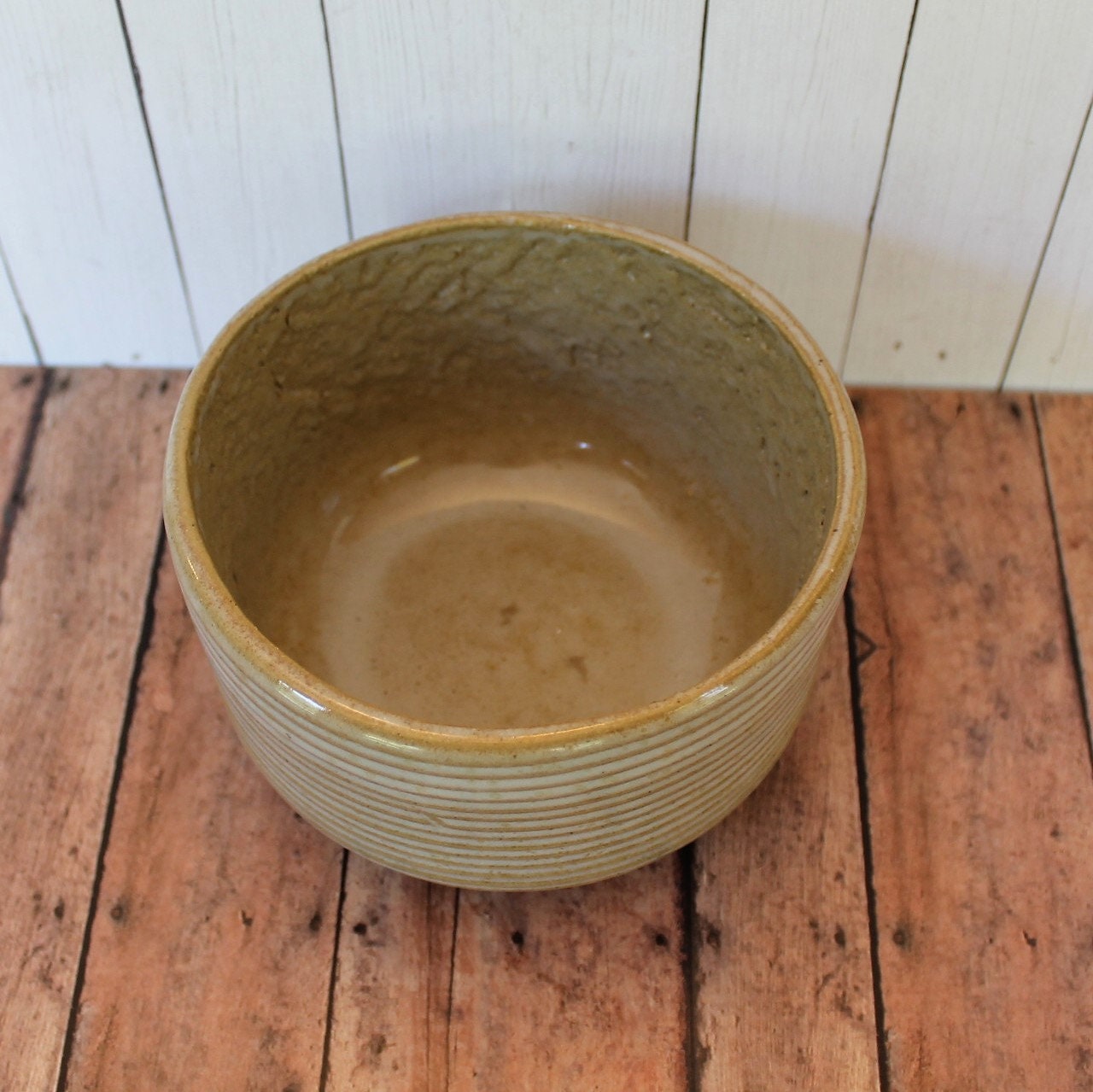 Vintage Zanesville Stoneware Planter Stoneage Modern Cream Tan Yellow Ribbed Flowerpot 7005