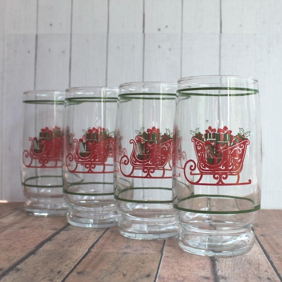 Vintage Christmas Tumbler Set of 4 Clear Glass with Red Sleigh Design